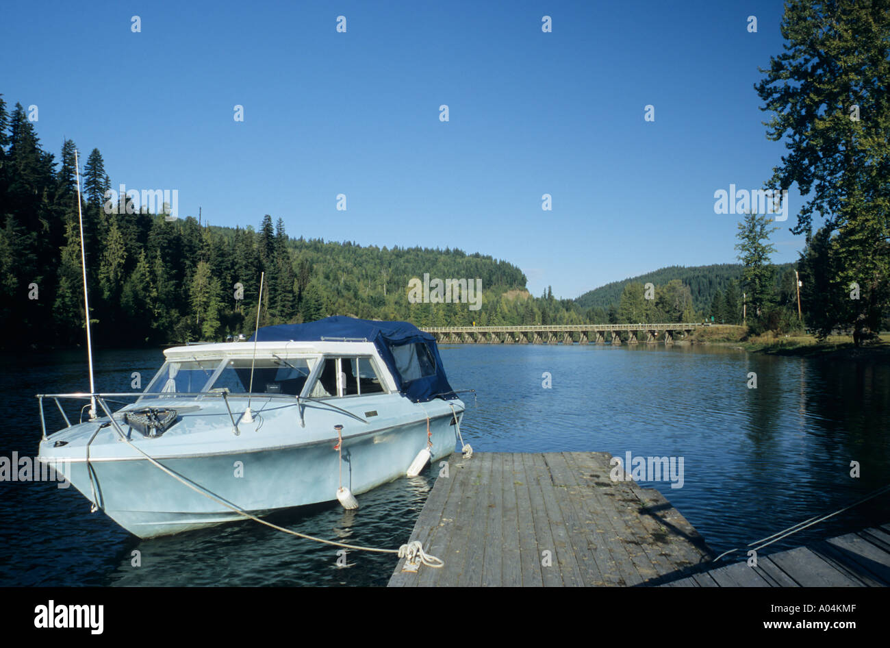 Boat at dock on Quesnel river Likely British Columbia Stock Photo