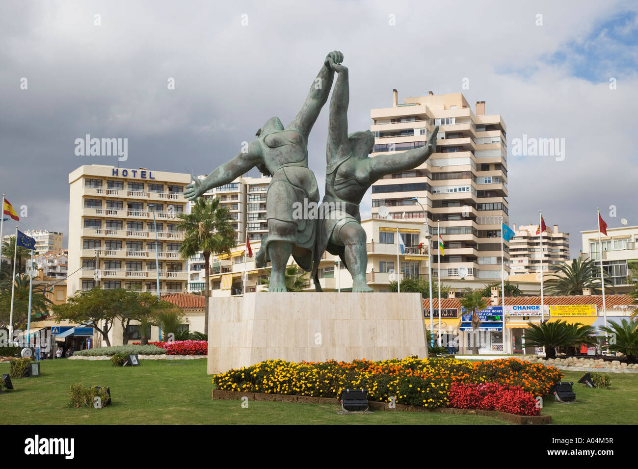 Torremolinos Costa del Sol Malaga Province Spain Statue of Pablo Picasso painting Two Women Running on the Beach Stock Photo