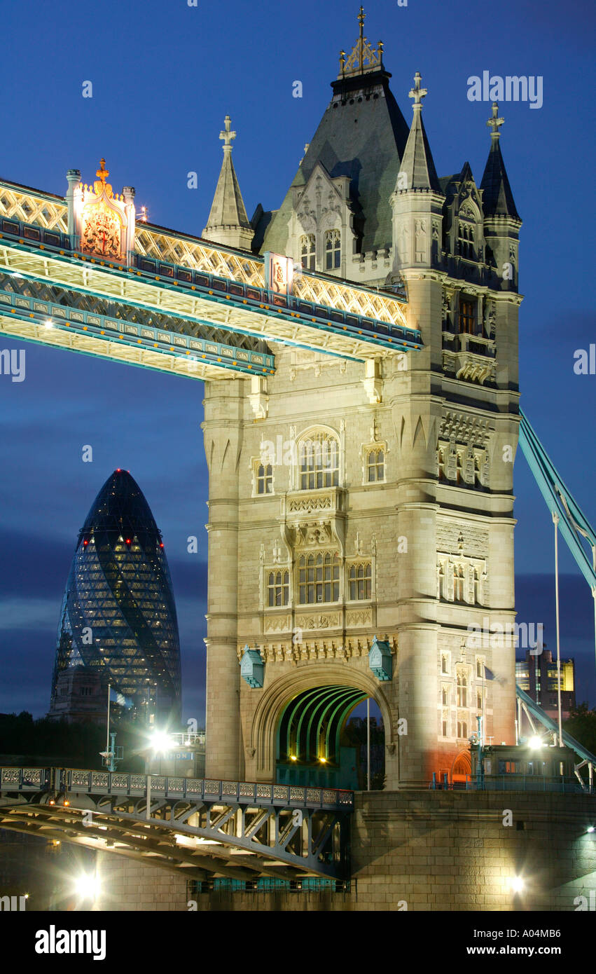 Tower Bridge London City Skyine with Gherkin at night Stock Photo