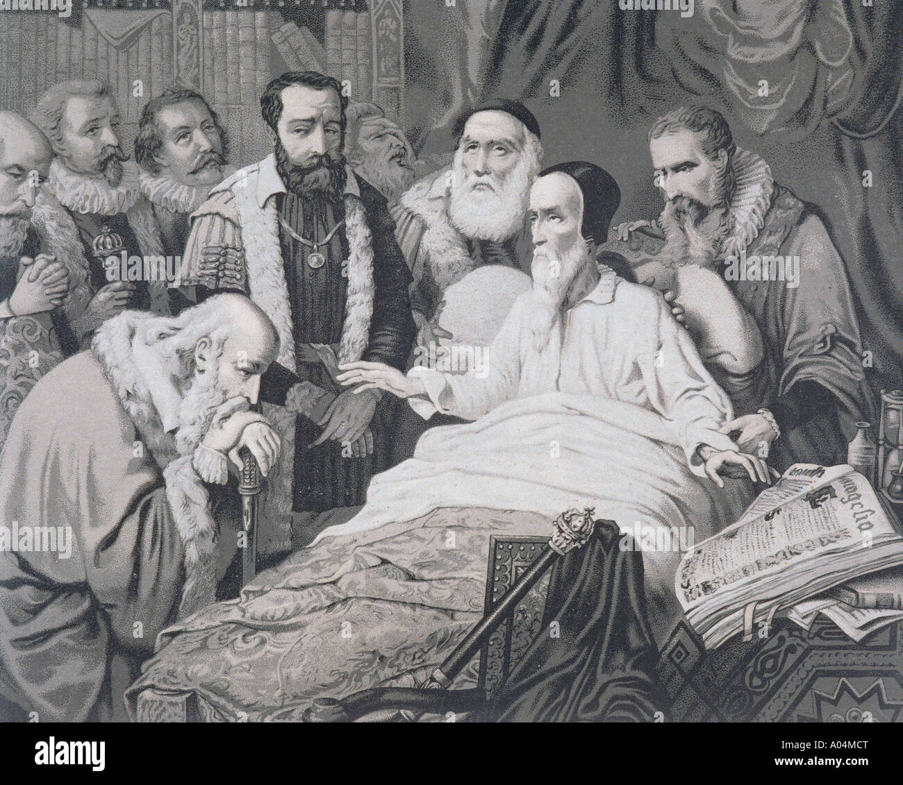 John Calvin, 1509 -1564. French Protestant theologian, pastor and reformer.   Seen here  on his death bed. From a 19th century engraving. Stock Photo
