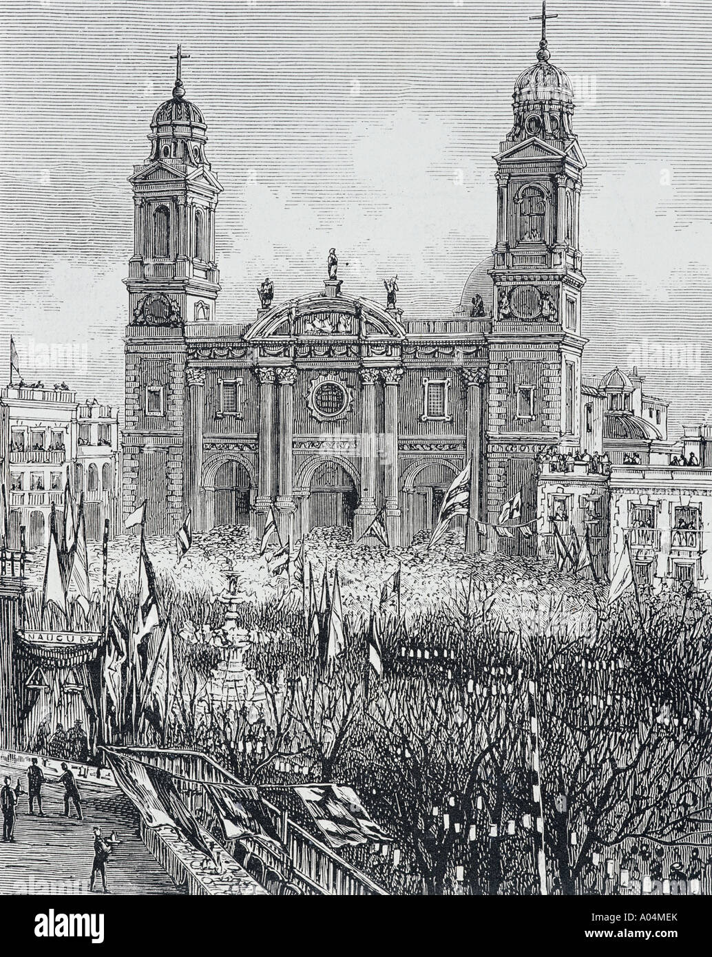 Montevideo, Uruguay. Cathedral in the Plaza de la Constitucion in the 1880's. Stock Photo