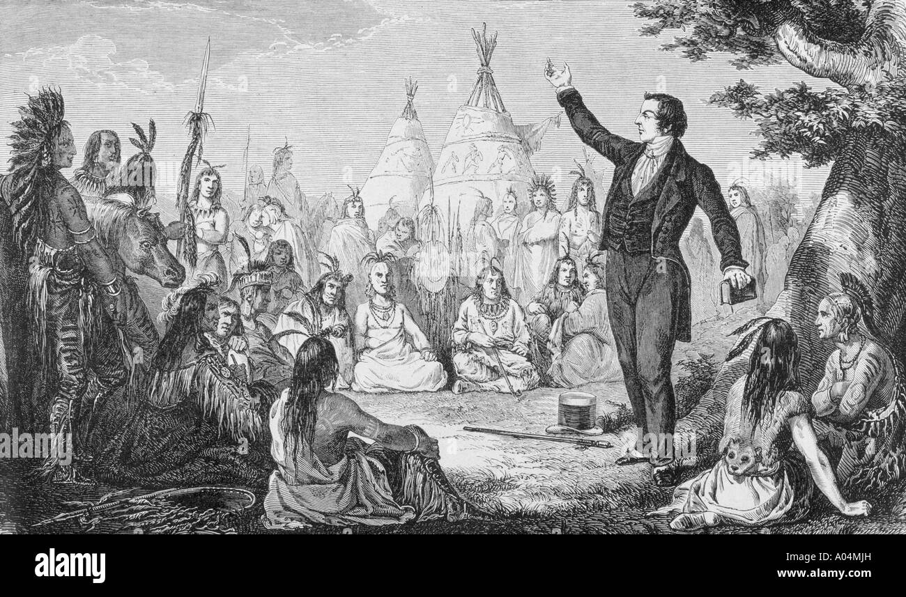 Joseph Smith, 1805 - 1844, founder of the Mormon Church, preaching to Indians Stock Photo