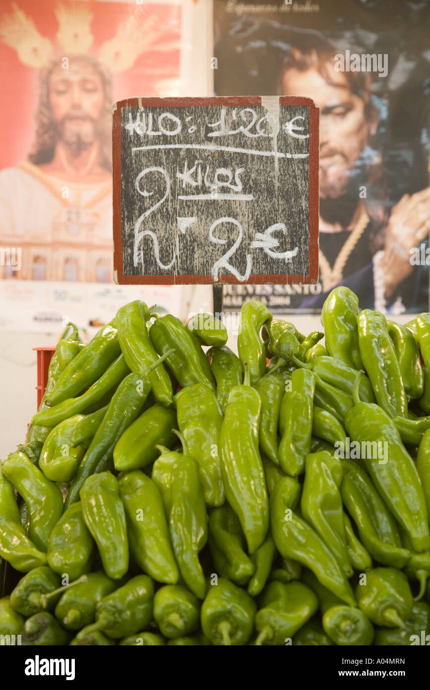 Green peppers on display in Spanish market Stock Photo Alamy