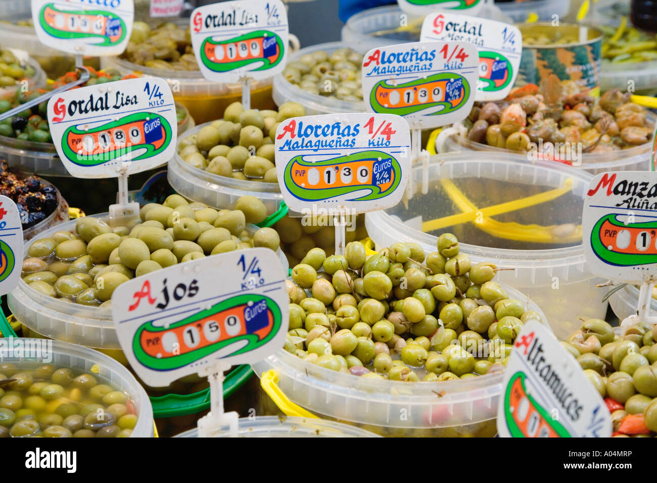 Tubs of olives on display in Spanish market Stock Photo Alamy