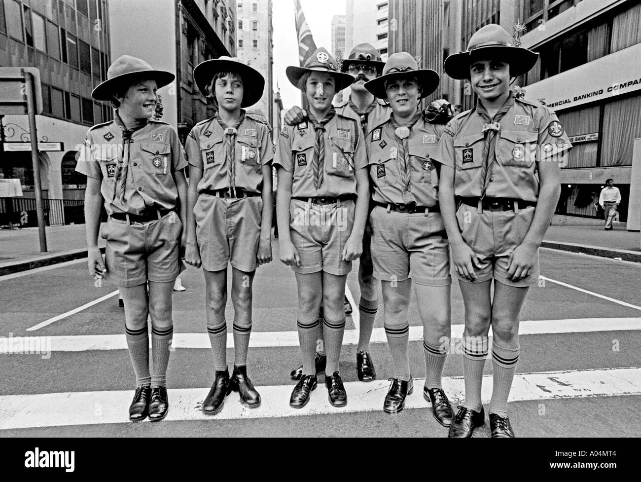 Boy scouts and scoutmaster Sydney Australia 1980 Stock Photo