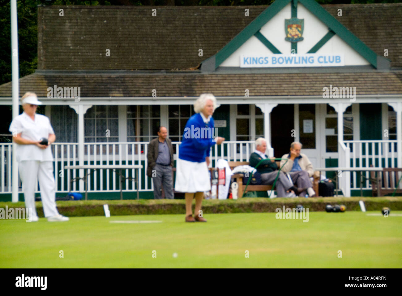 Women lawn bowling at the Kings Bowling Club in Torquay England Devon called the English Rivera Stock Photo