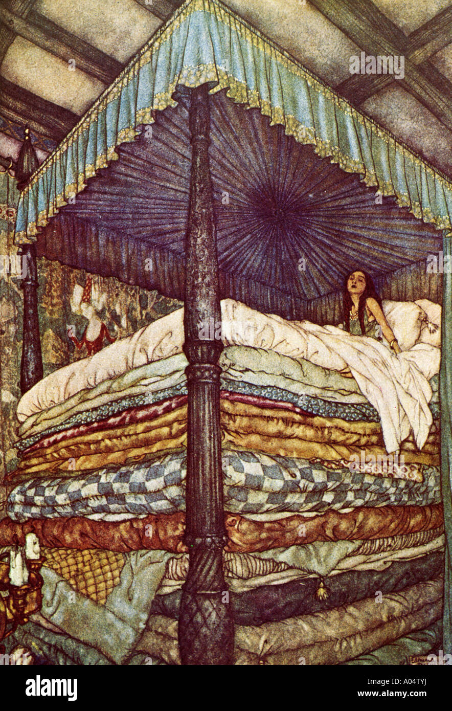 PRINCESS AND THE PEA a 1911 illustration of the classic fairy tale Stock Photo