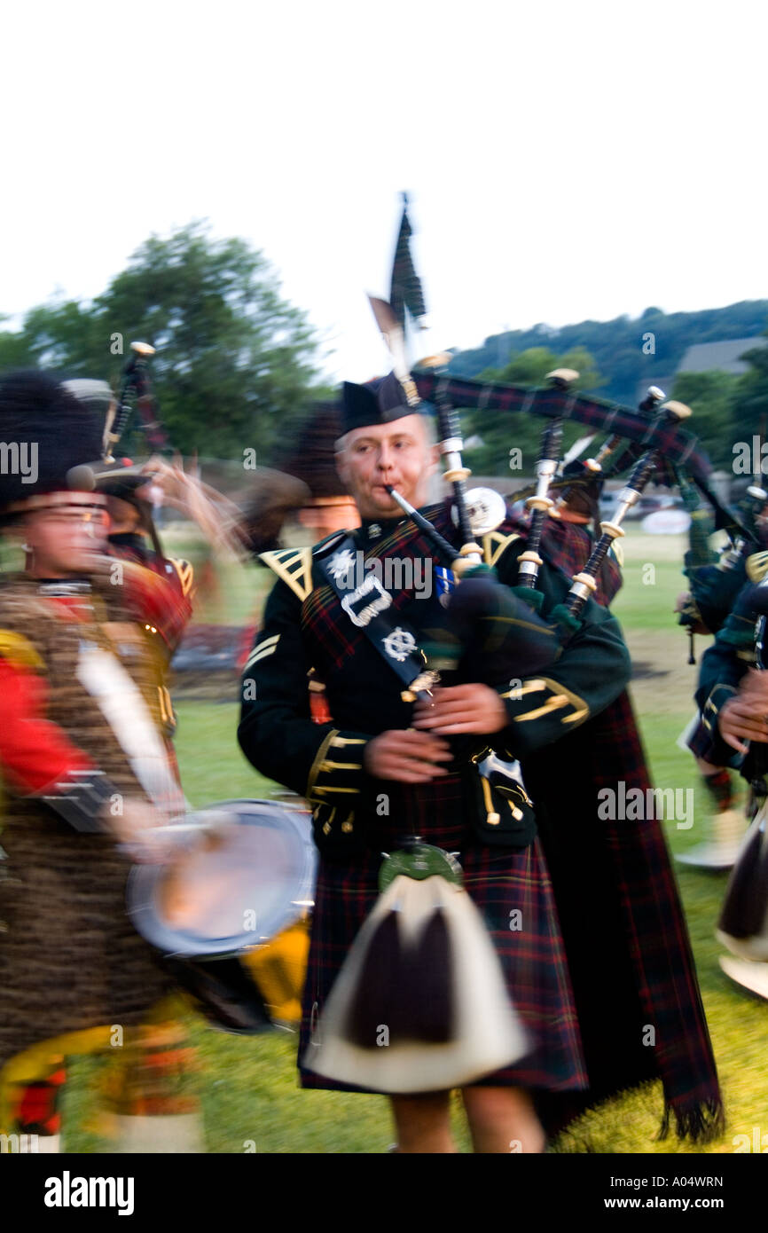 Pipes Drums band called the Royal Scots Dragoon Guards performing at the Highland Tatoo games in quaint town of Inverness Scotla Stock Photo