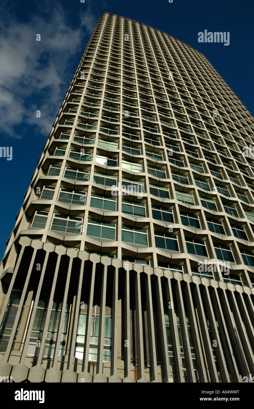 Dramatic view of Centre Point tower against blue sky as seen from the base London England Stock Photo