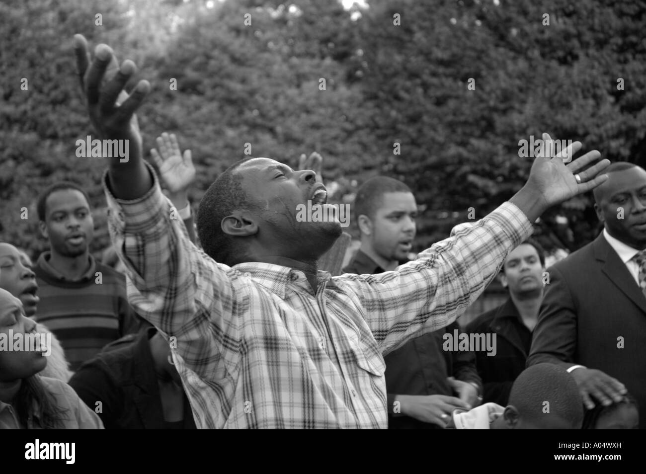 Ecstatic evangelical Christian preacher and his followers at Speaker's Corner, London, England, UK, 2006. Stock Photo