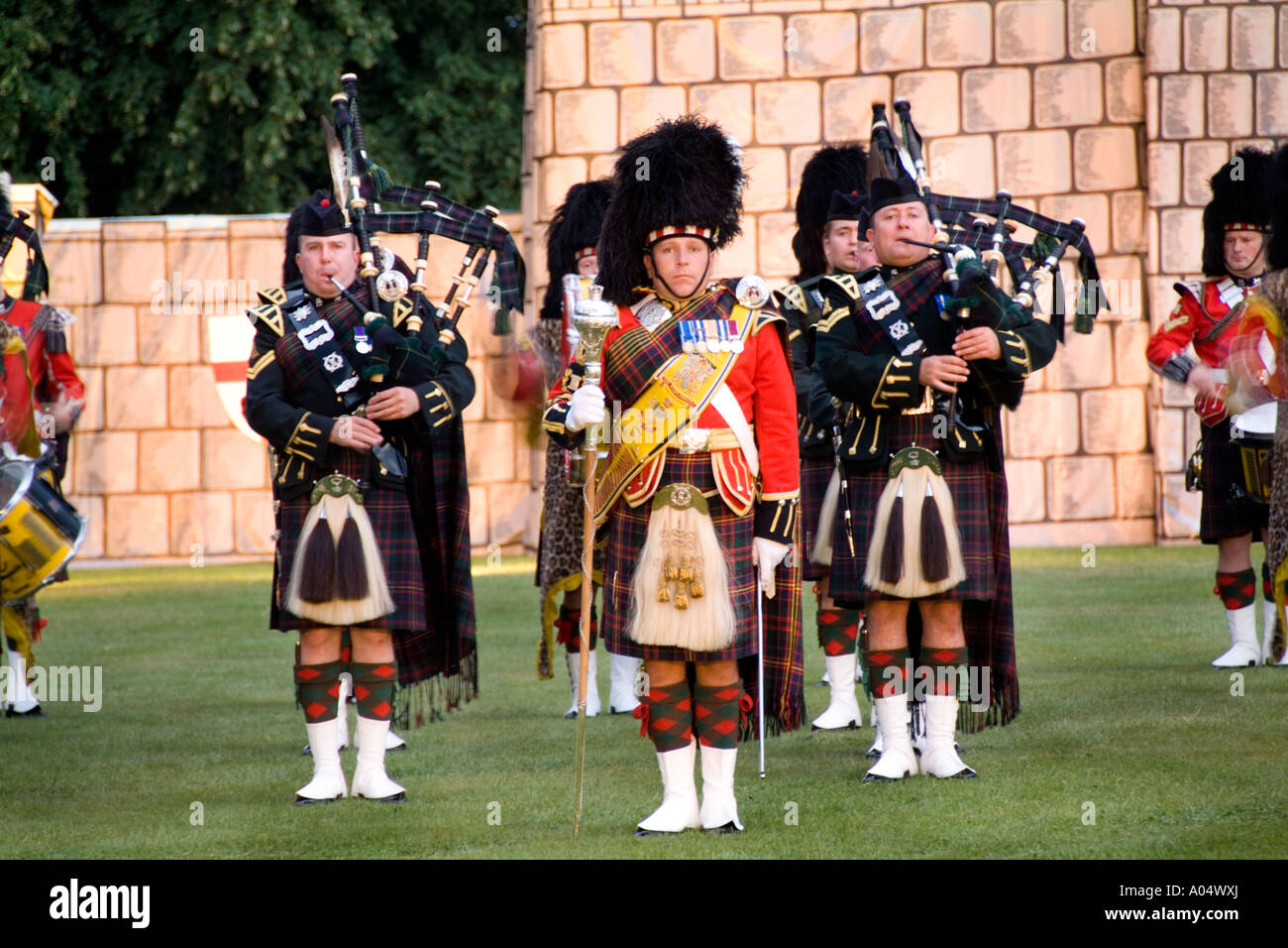 Pipes Drums band called the Royal Scots Dragoon Guards performing at the Highland Tatoo games in quaint town of Inverness Scotla Stock Photo