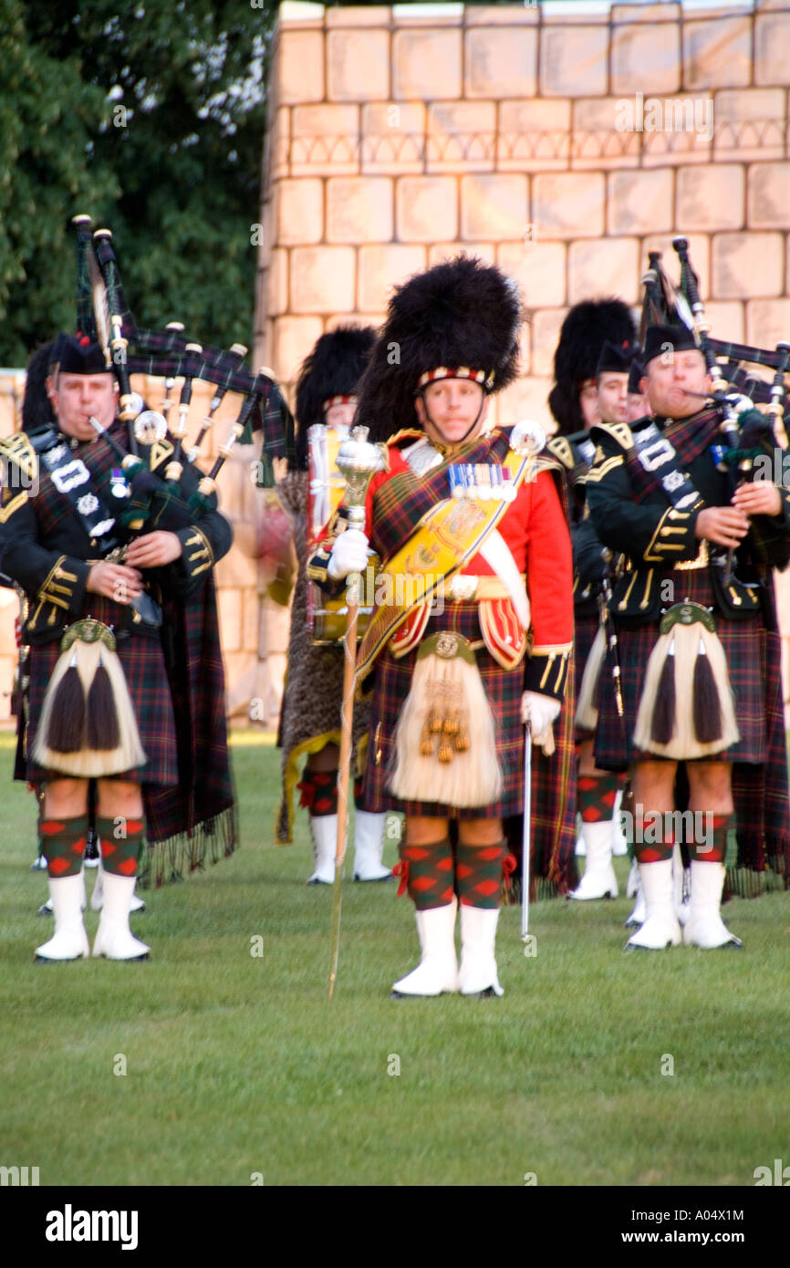 Pipes Drums band called the Royal Scots Dragoon Guards performing at the Highland Tatoo games in quaint town of Inverness Scotla Stock Photo