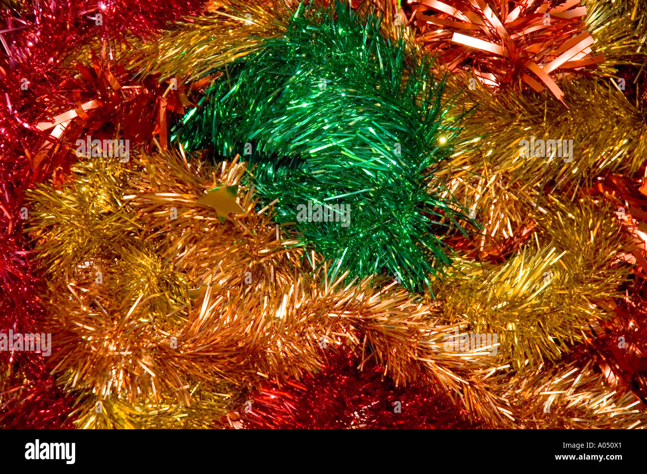 Christmas decorations tinsel in various colours Stock Photo