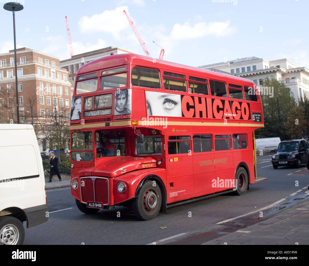 Red Routemaster London Bus on heritage route 15,  London, England, GB UK Stock Photo