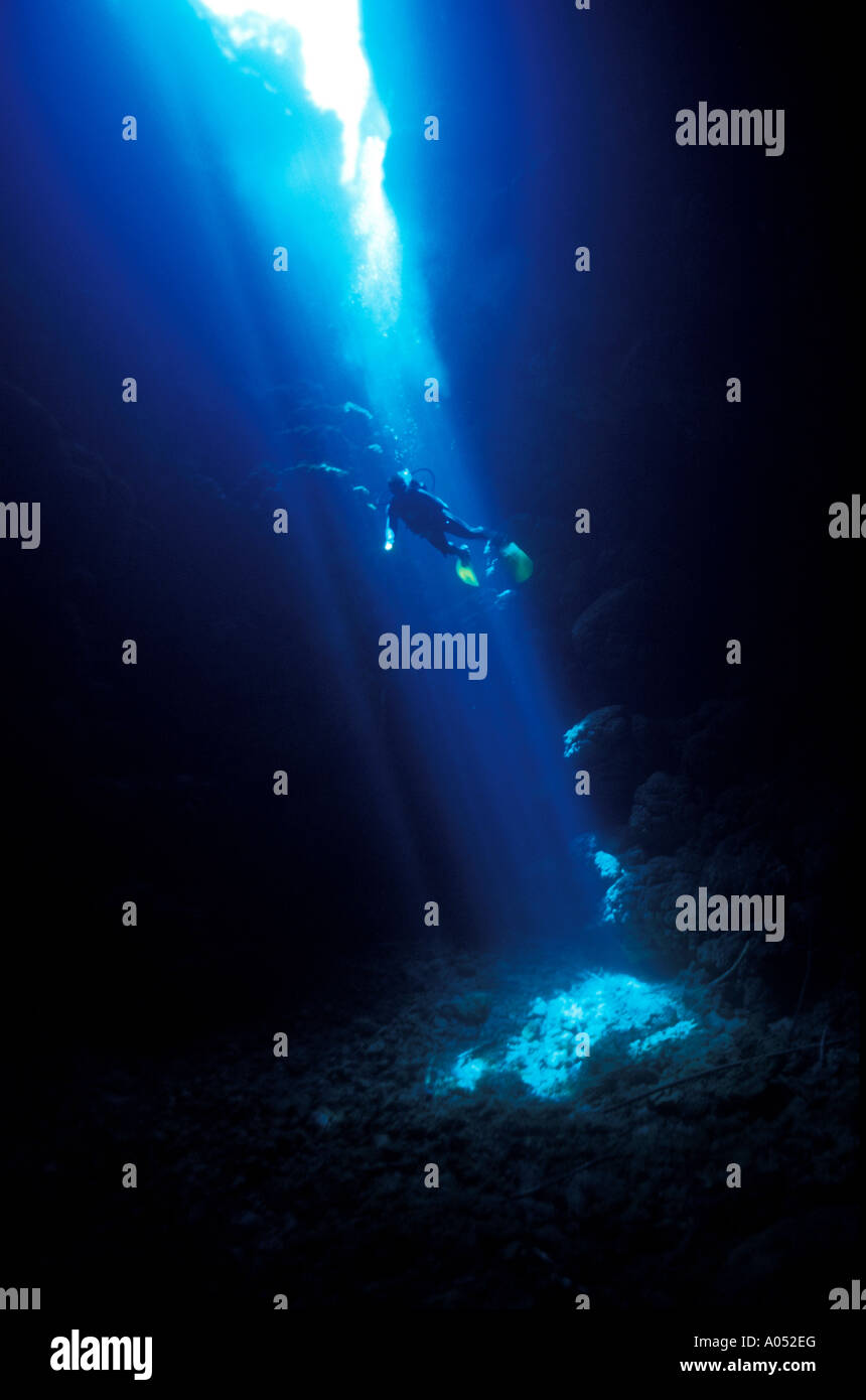 Sun rays hitting in an underwater cave, Russell Islands, Solomon Islands. Stock Photo