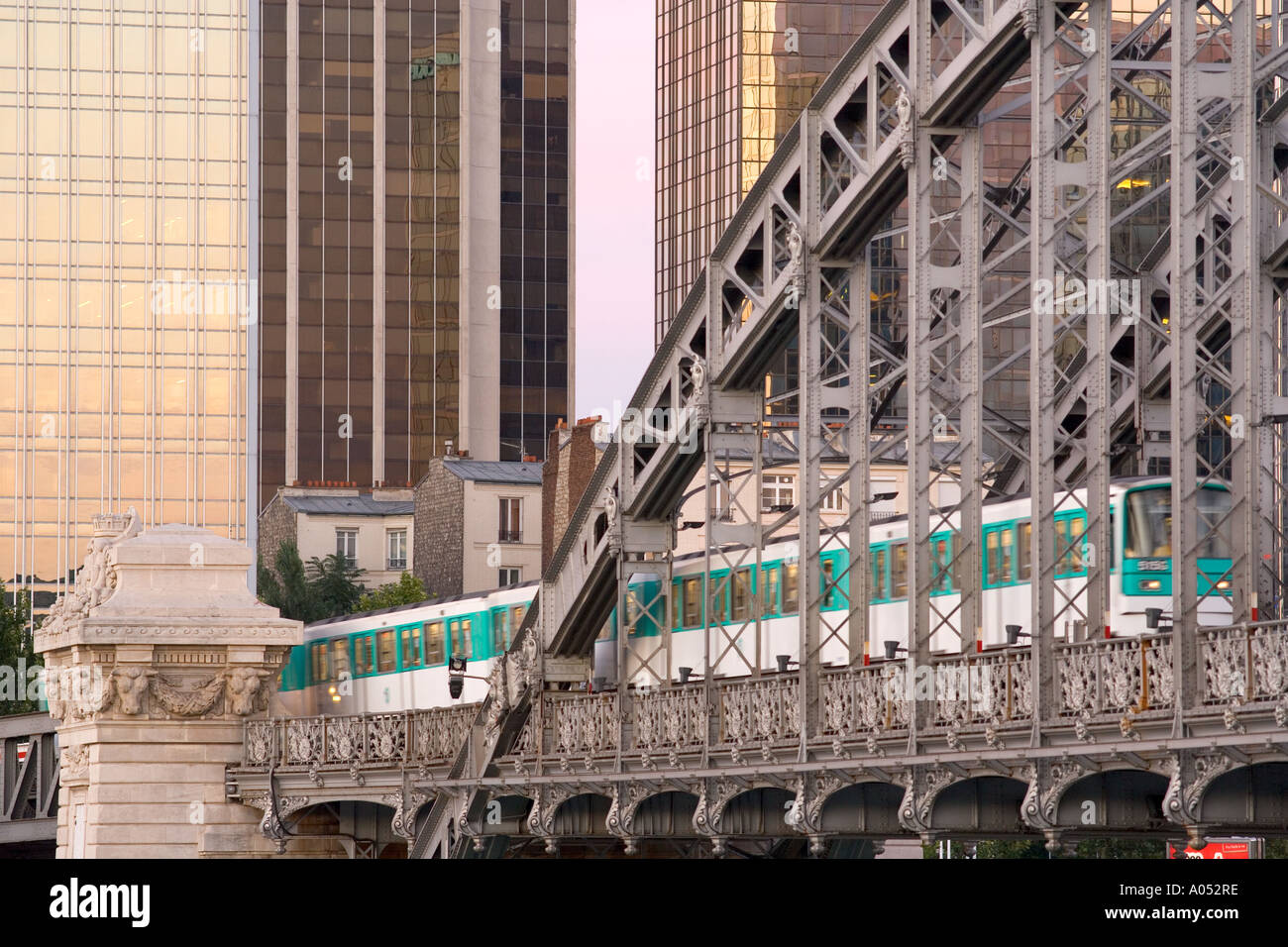 Metro on the Austerlitz bridge. Buildings of Gare de Lyon district. 12th district. Paris. France