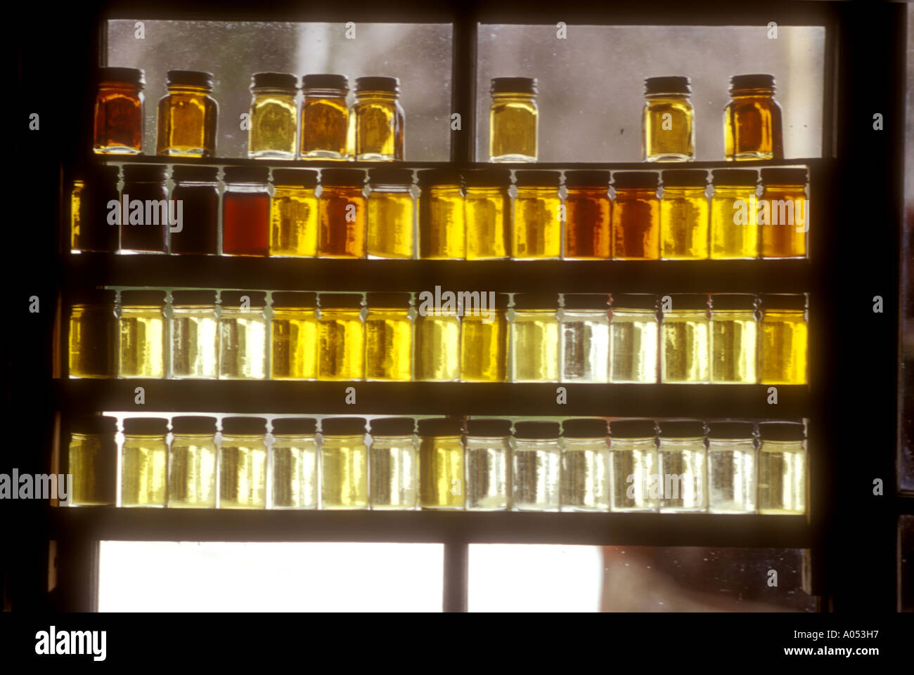 Maple syrup in glass jars shows the quality and quality of the syrup in