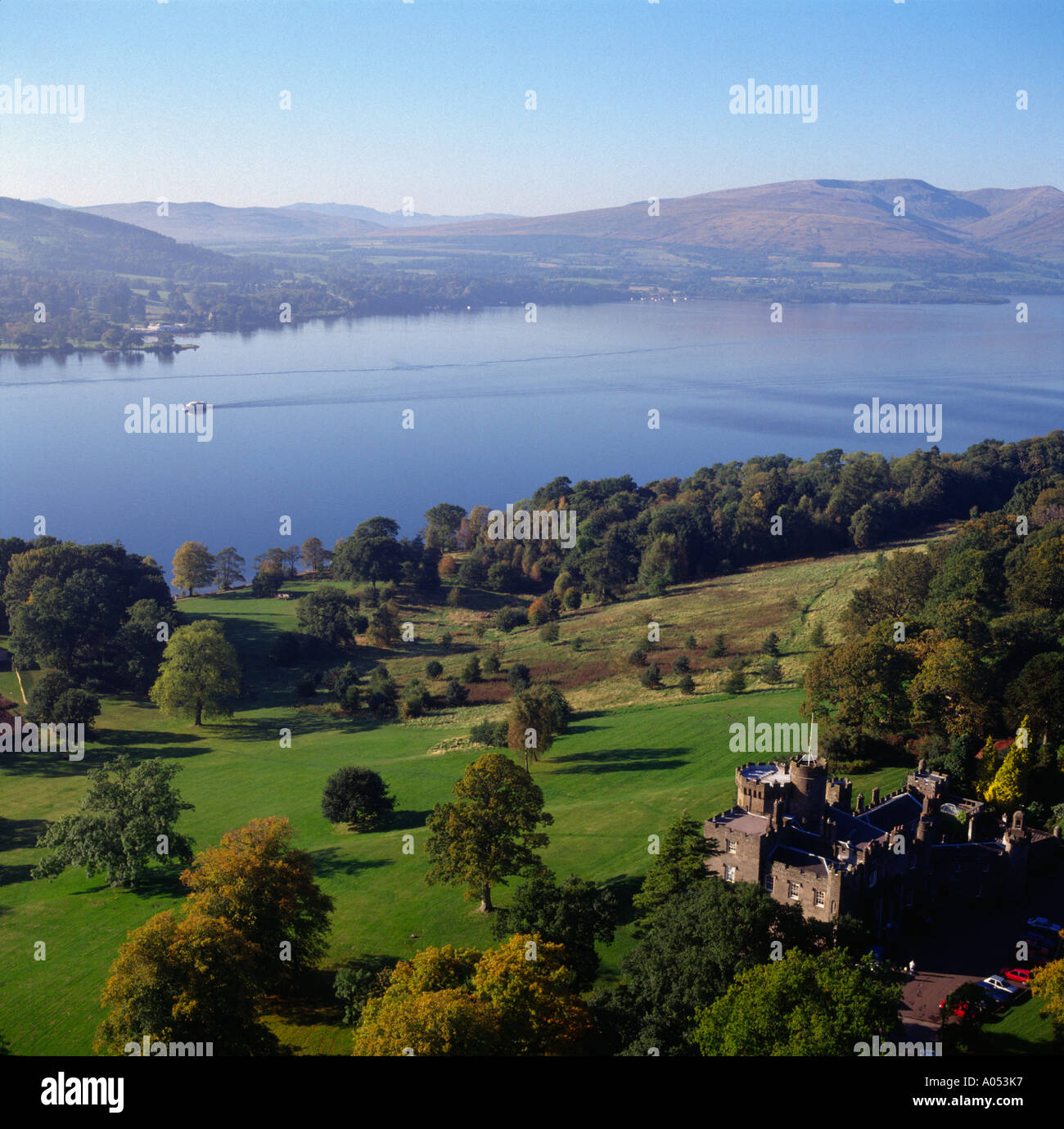 Morning at Balloch Castle on Loch Lomond Scotland aerial view Stock