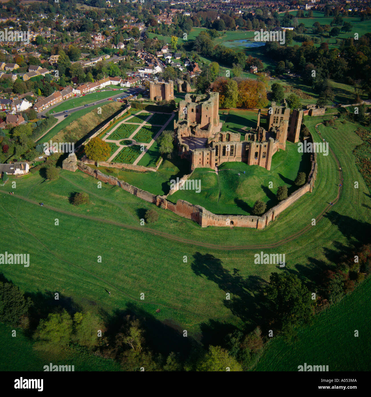 Kenilworth Castle ruins UK aerial view home of Robert Earl Dudley favourite of Queen Elizabeth 1 Stock Photo
