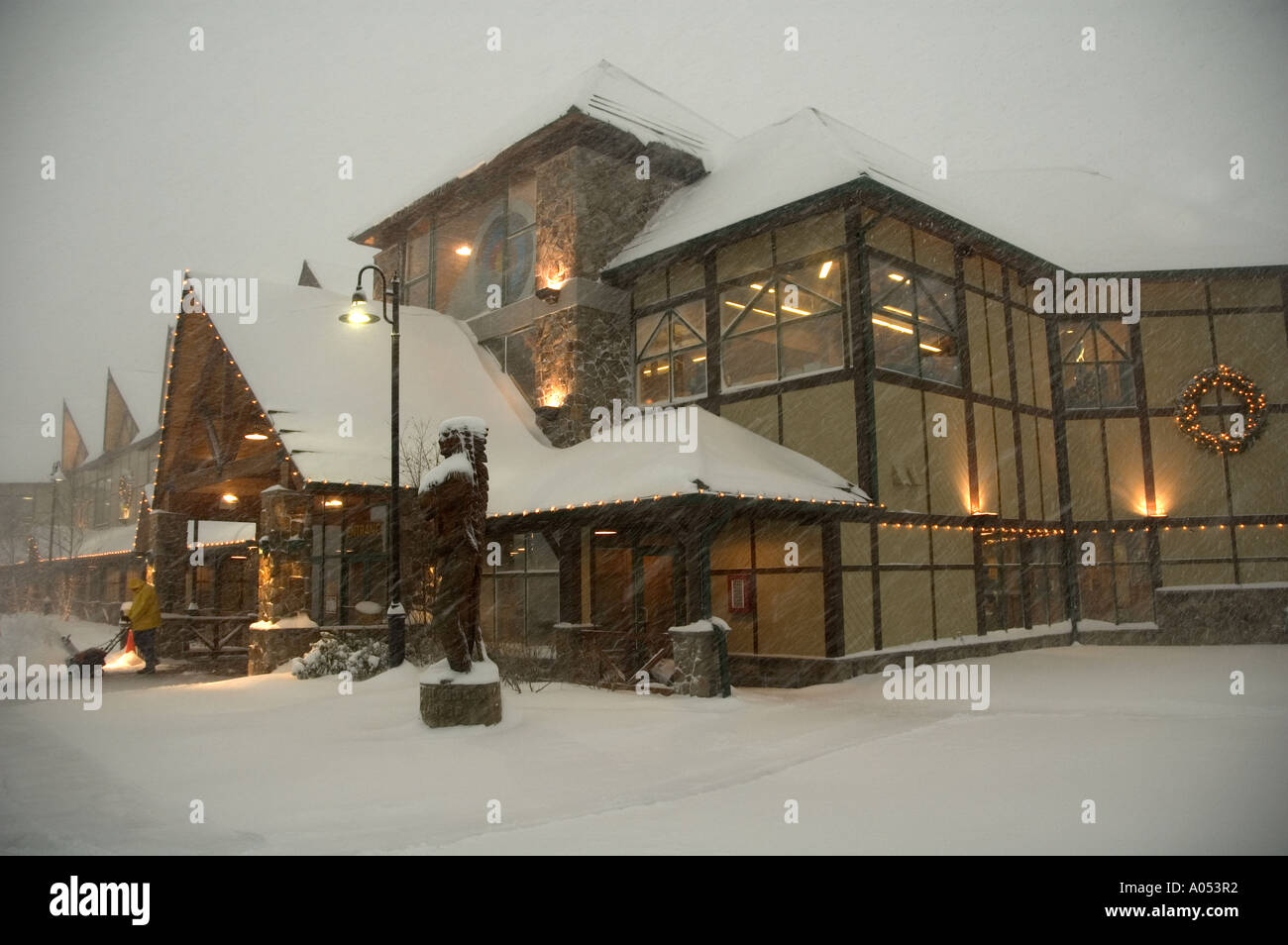 Heavy snow falls at the kittery Trading Post in Kittery, Maine. Stock Photo