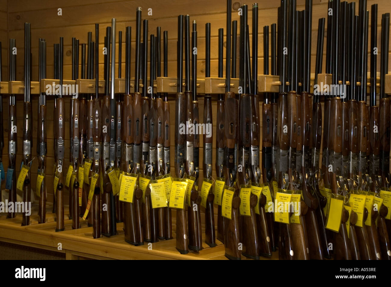 Shot guns sit on the rack at the Kittery Trading Post in Kittery, Maine. Stock Photo