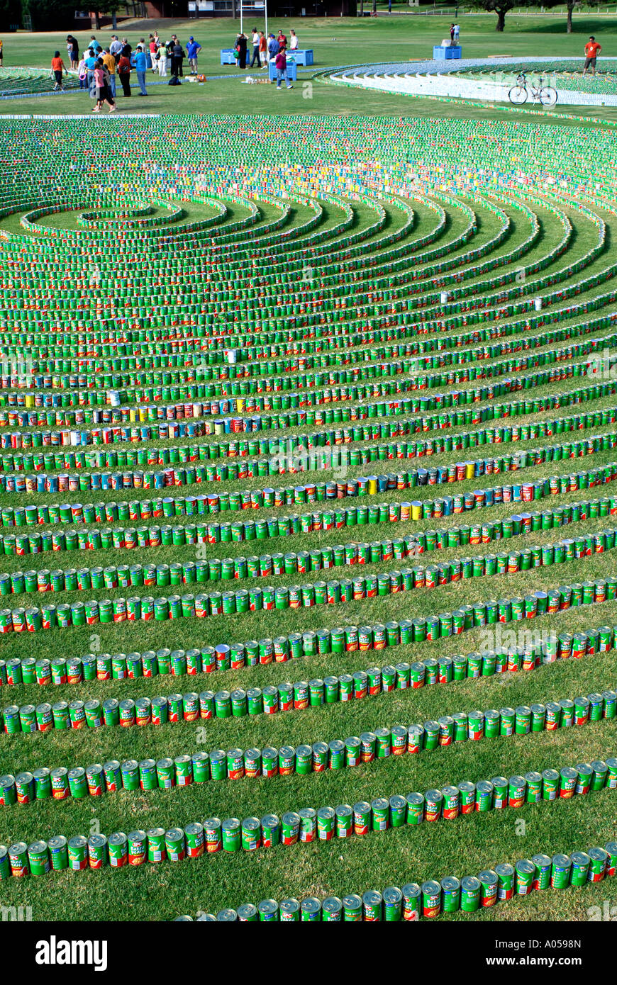 Over 69,000 cans of baked beans arranged into a world record continuous line. Perth, Western Australia Stock Photo