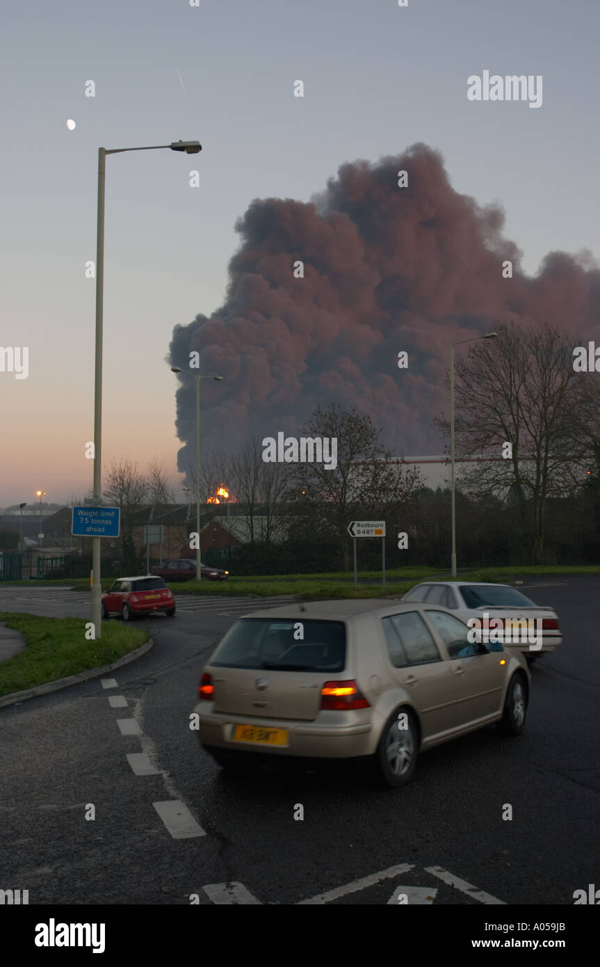 Explosion and fire at oil deport at Buncefield Hemel Hempstead Stock