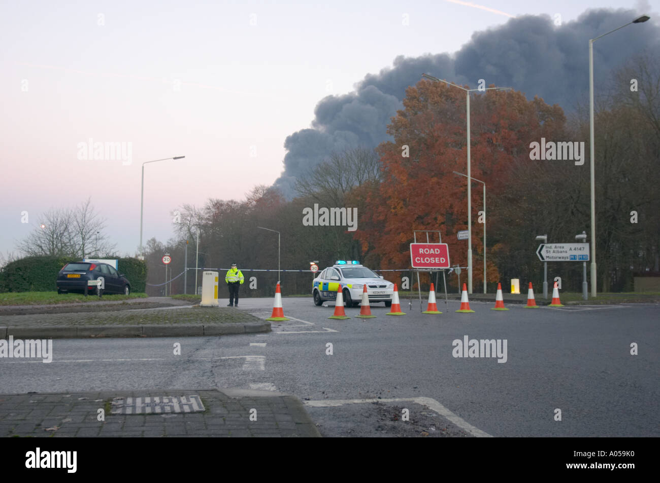 Explosion and fire at oil deport at Buncefield Hemel Hempstead Stock