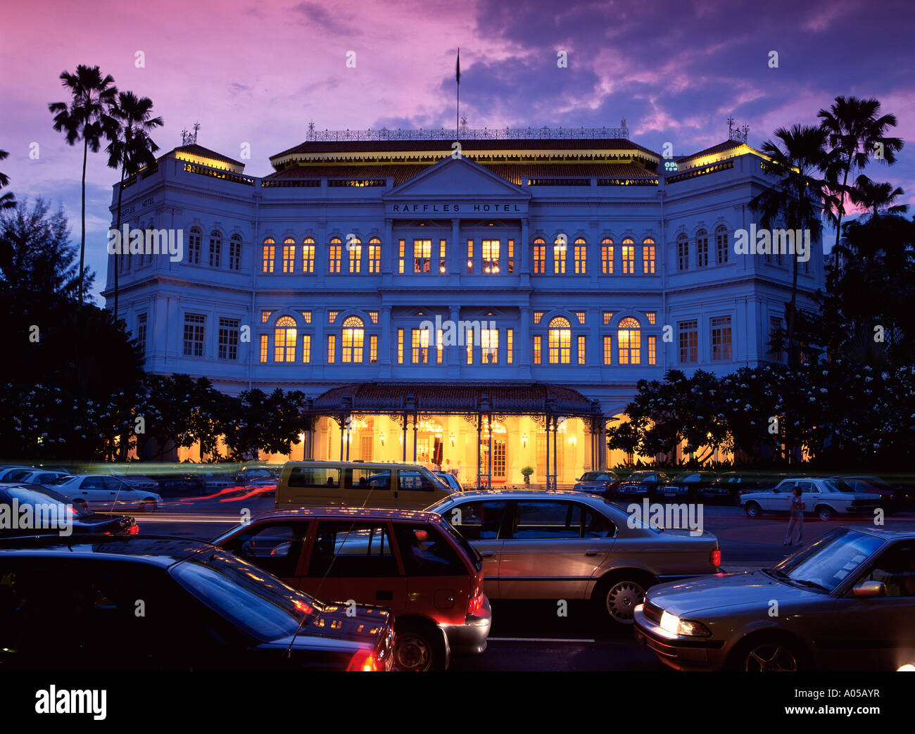 Raffles Hotel Facade at Dusk Stock Photo Alamy