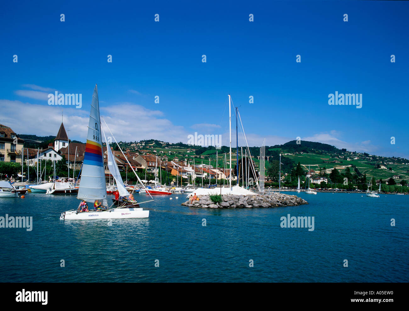 Switzerland Lac Leman Lutry sailing boat Stock Photo