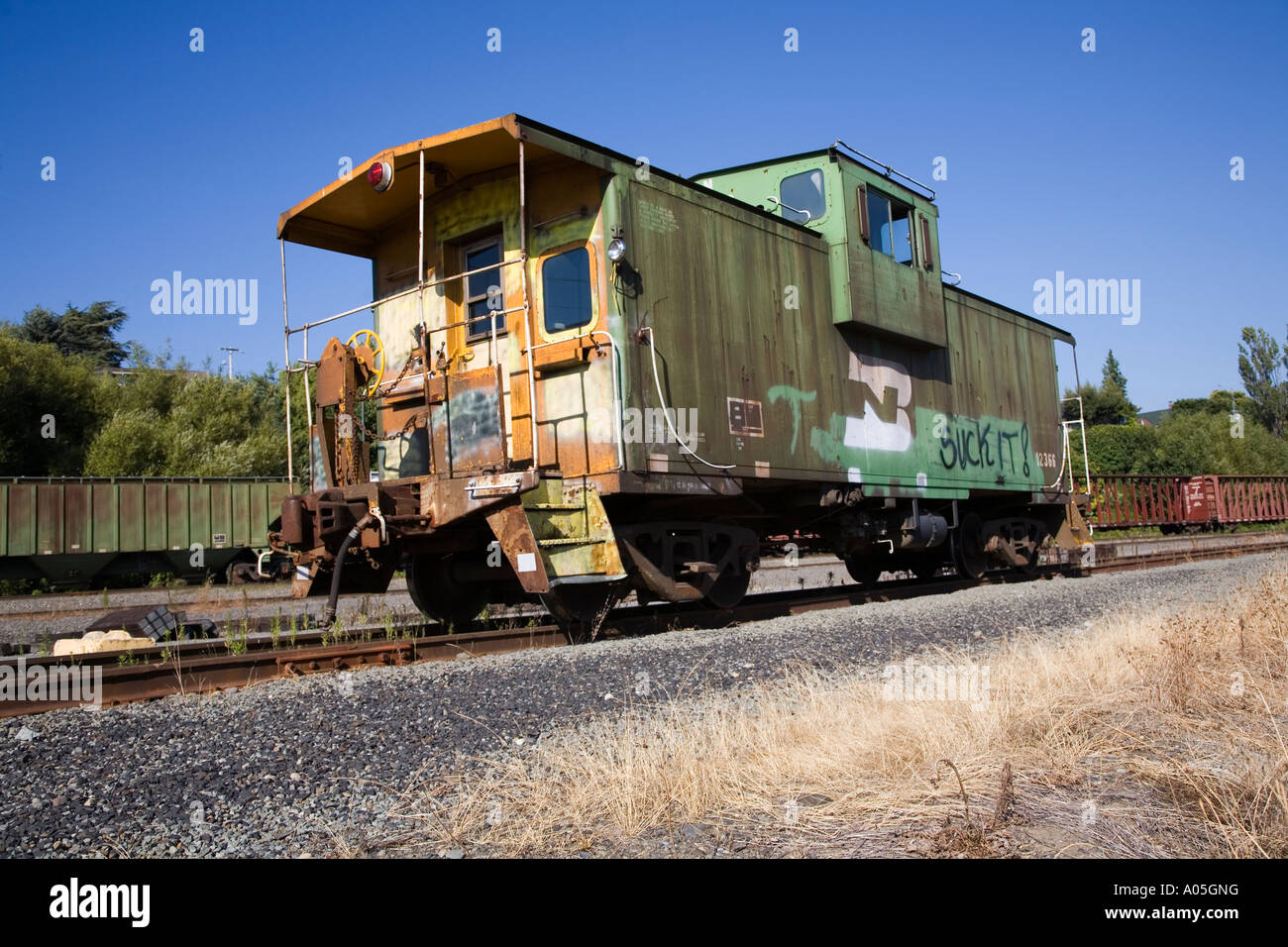 Paint and graffiti on railroad car in siding port of Bellingham Washington state USA Stock Photo