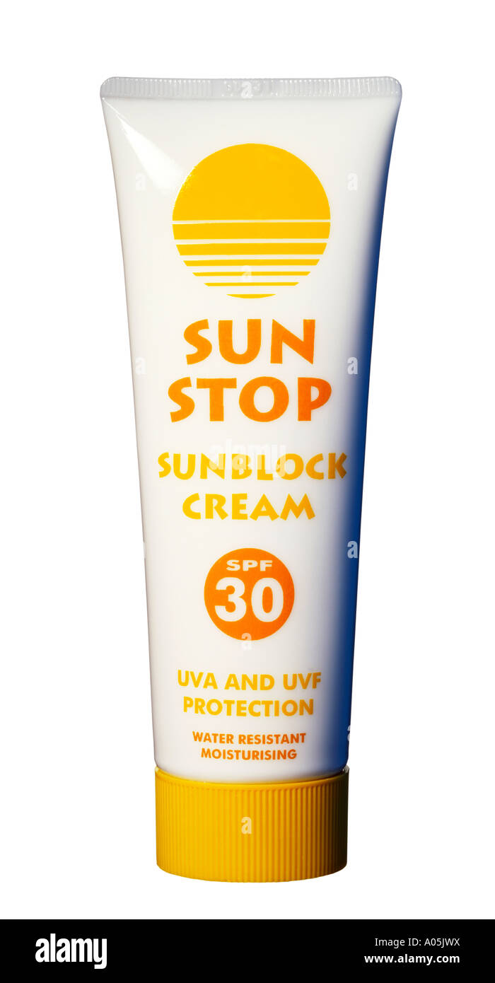 A tube of sun protection cream, screen block factor 30. Stock Photo