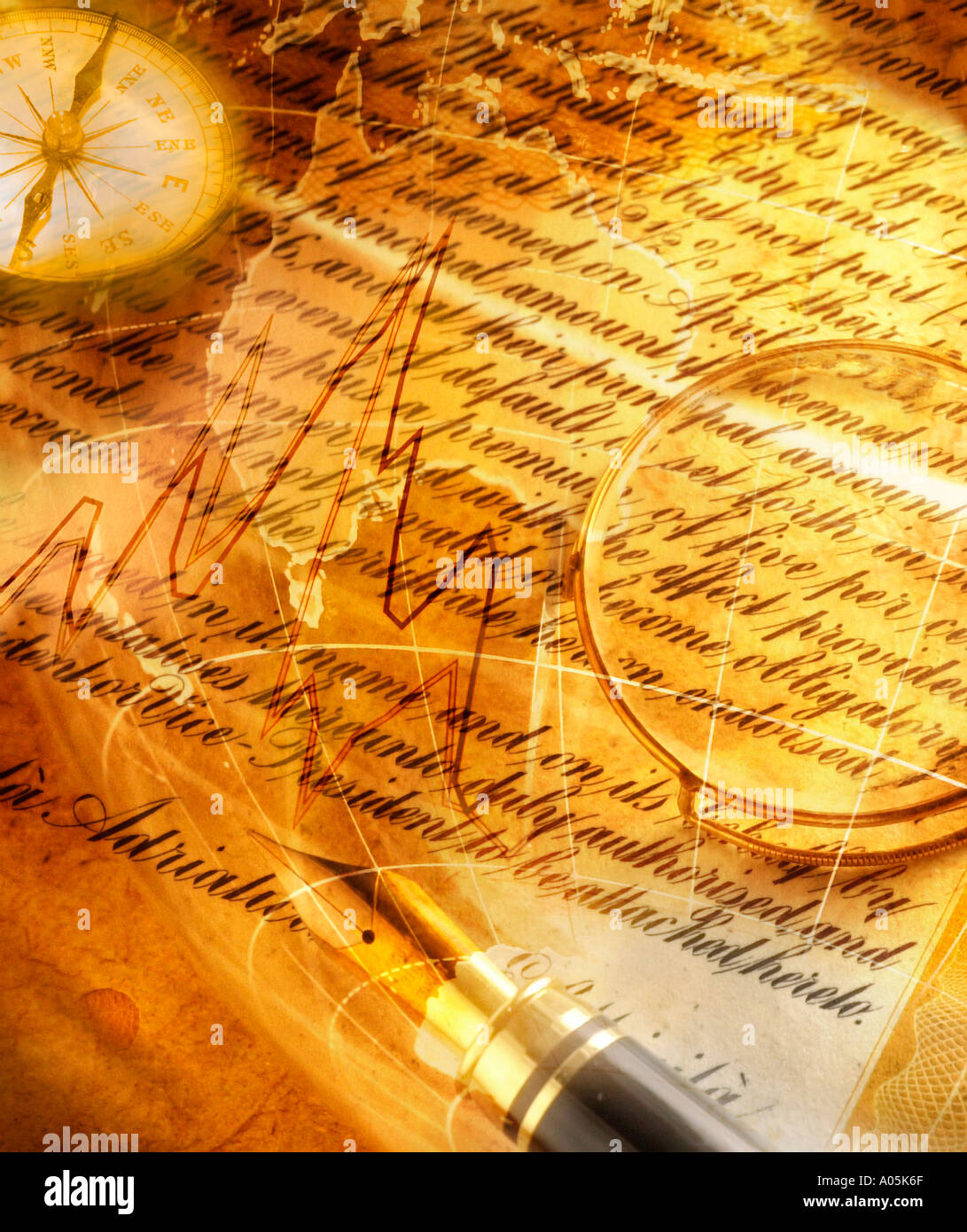 Montage of a fountain pen a magnifying glass a compass a globe a line ...