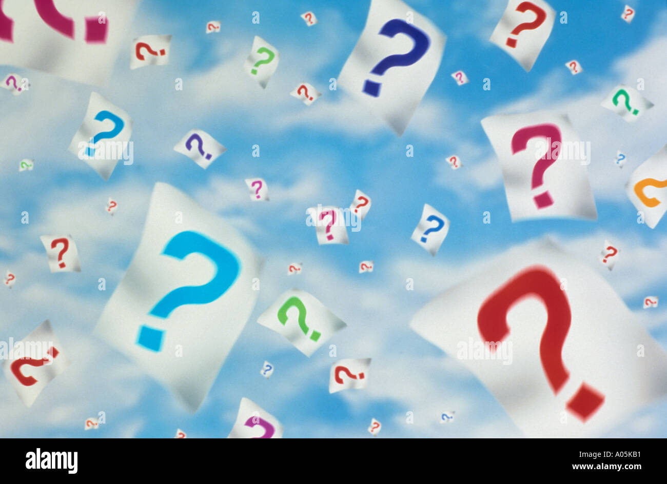 Computer generated image of colorful question marks on blank paper ...