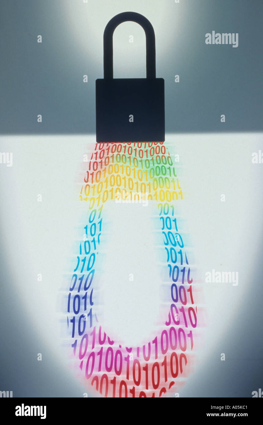 Computer generated image of a padlock and its shadow made up of binary numbers denoting internet and computer security Stock Photo