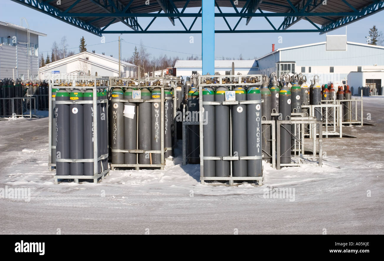Inventory of industrial gas bottles stored outside , Finland Stock