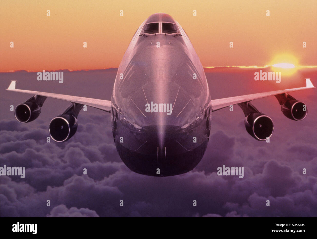 Close up of a commercial jet airliner flying towards the camera Stock Photo