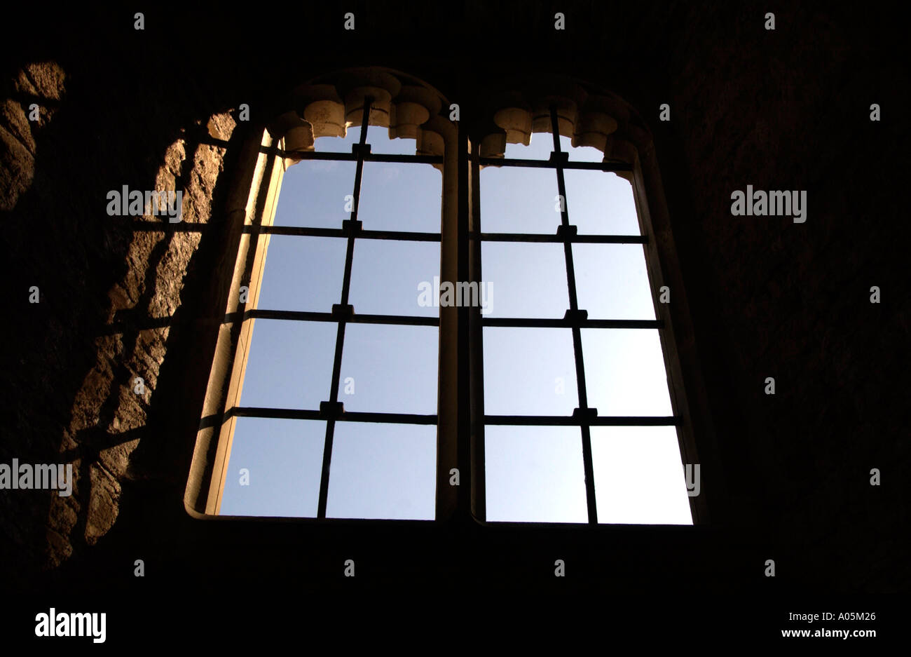 Window in the rebuilt St Teilos Church dating from 13th century at The Museum of Welsh Life St Fagans Cardiff Wales UK Stock Photo