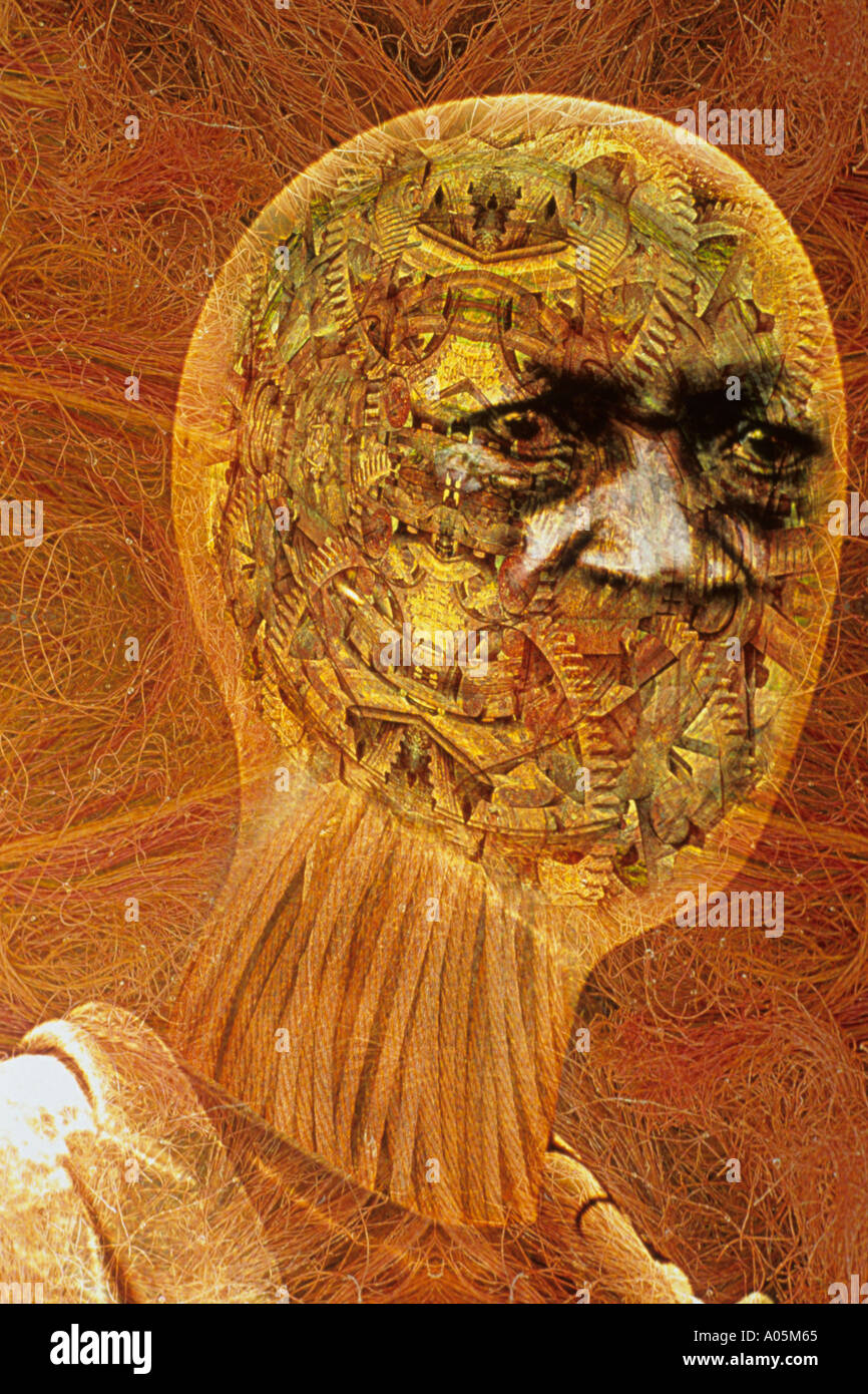 Computer generated image of a transparent skull showing cogs wheels and circuitry in his head Stock Photo