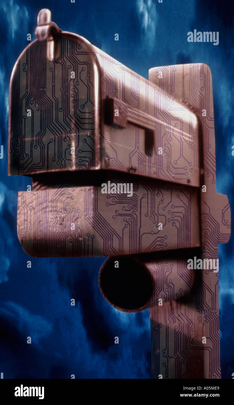 Computer generated image of a mail box coated with circuitry denoting digital transmission Stock Photo