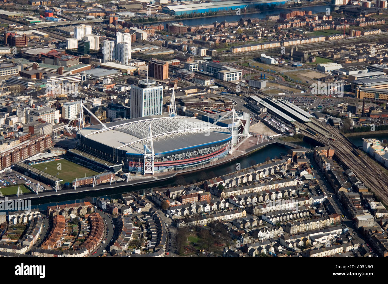 Aerial Millennium Stadium Cardiff Arms Park River Taff Cardiff City Centre  South Wales Stock Photo - Alamy