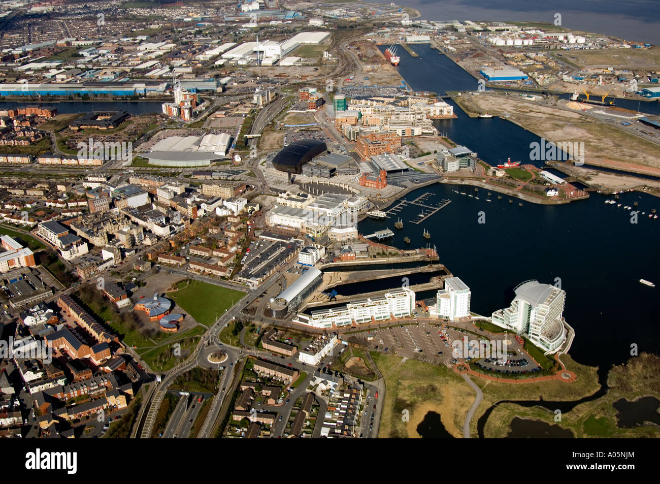 Aerial Cardiff Bay Cardiff Docks South Wales Stock Photo