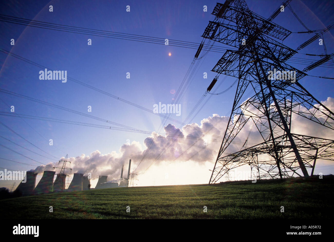 electricity pylons running into ferrybridge coal powered power station