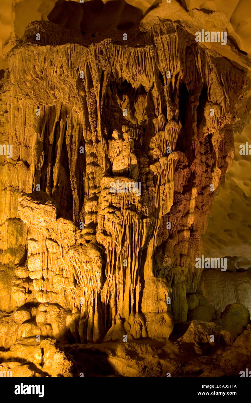 northeast Vietnam Halong Bay Hang Sung Sot cave illuminated underground stalactites and stalagmites Stock Photo