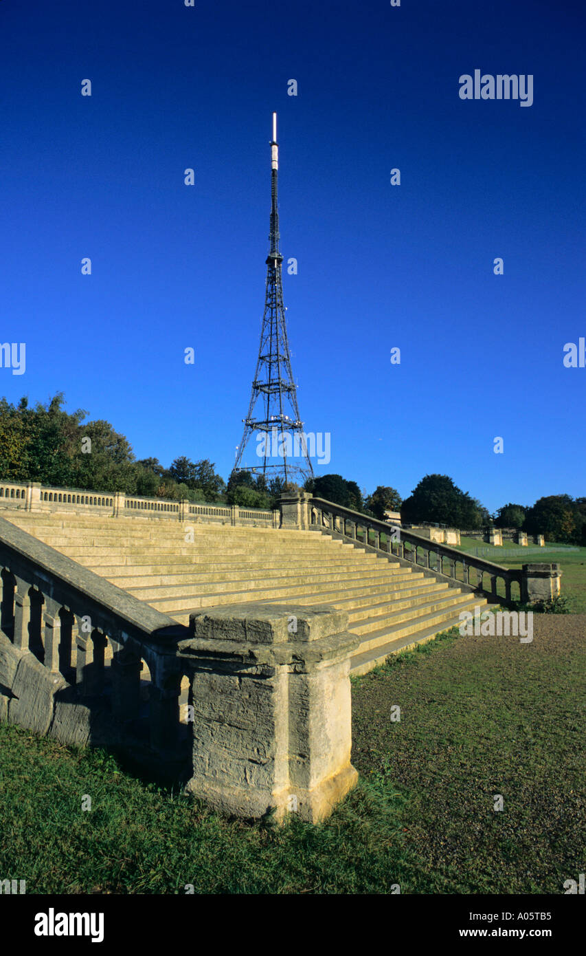 Crystal Palace television transmitter mast with part of original terraces in foreground Sydenham London UK Stock Photo