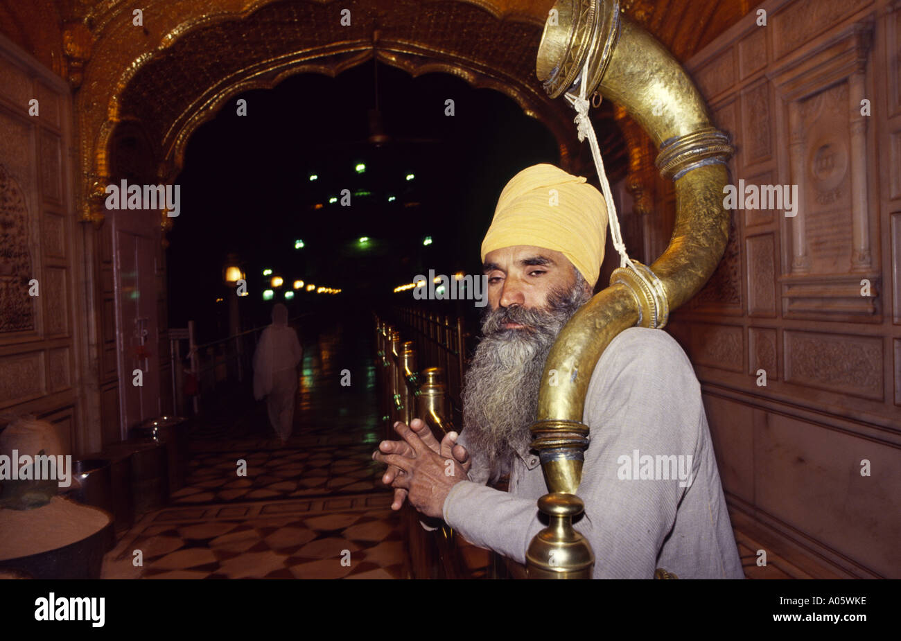 Sikh man with Horn at the Golden Temple. Amritsar, Punjab, India Stock