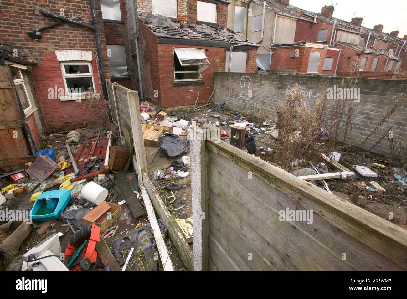 An are of derelict abandoned housing in Manchester, England Stock Photo