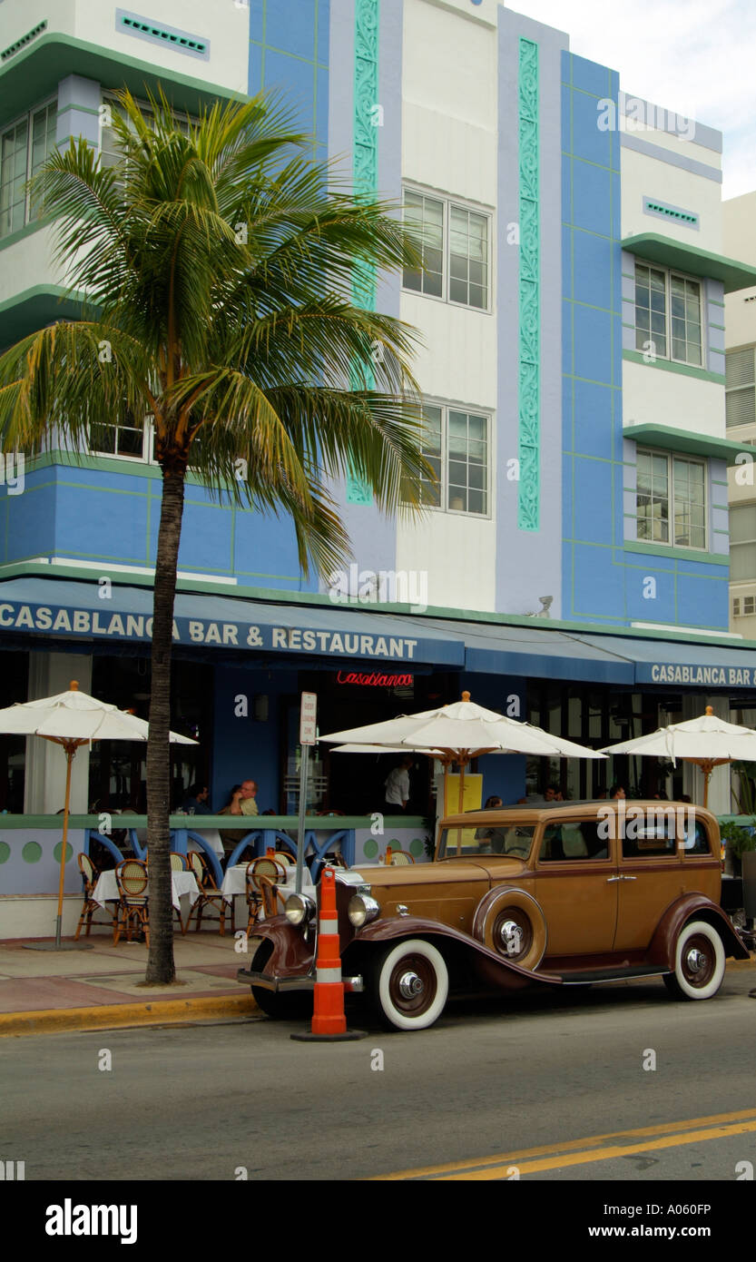 South Beach Miami Florida USA. Classic car and the Casablanca Bar Restaurant. Stock Photo