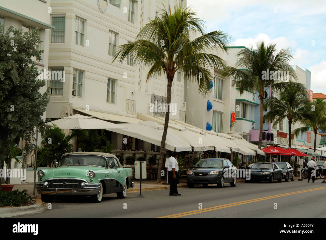 Miami Beach Florida USA Hotels on Ocean Drive seen from Lummus Park Art Deco district of Miami Beach Stock Photo