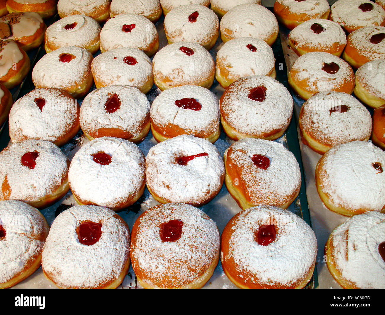 Traditional Sufganiyot deepfried round doughnut topped with powdered
